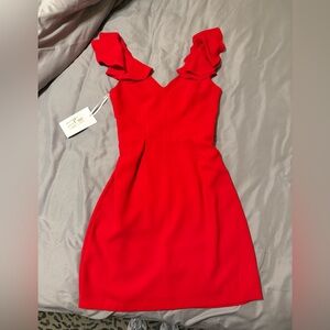 Amanda Uprichard Red Ruffle Sleeved Dress